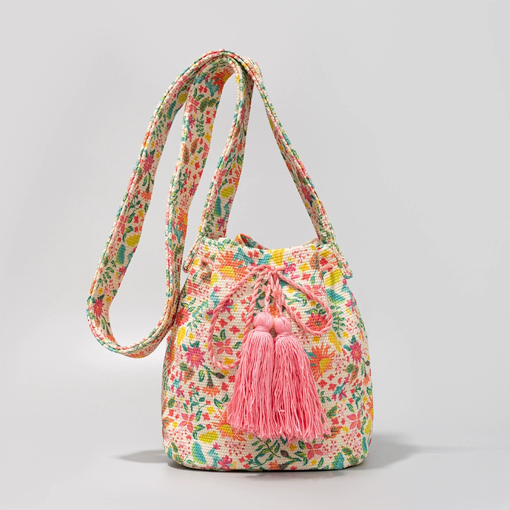 Colorful Woven Crossbody Bucket Bag at music festival
