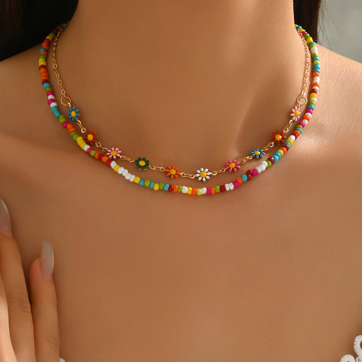 Double Layered Colorful Rice Beads Necklace: Colorful Rice Bead Detail