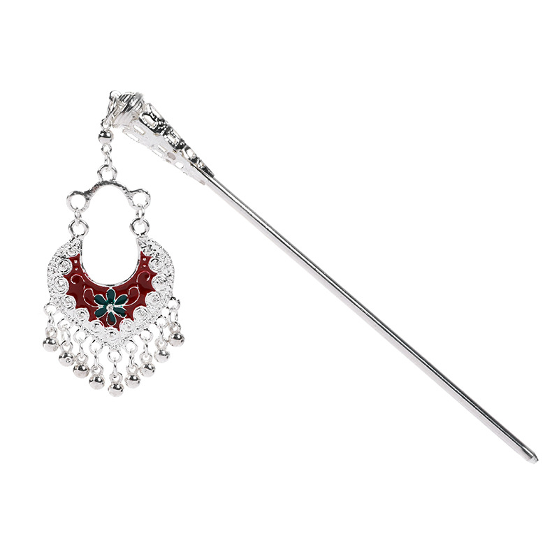 Miao Silver Dangling Tassel Hairpin: ethnic hair accessory detail view