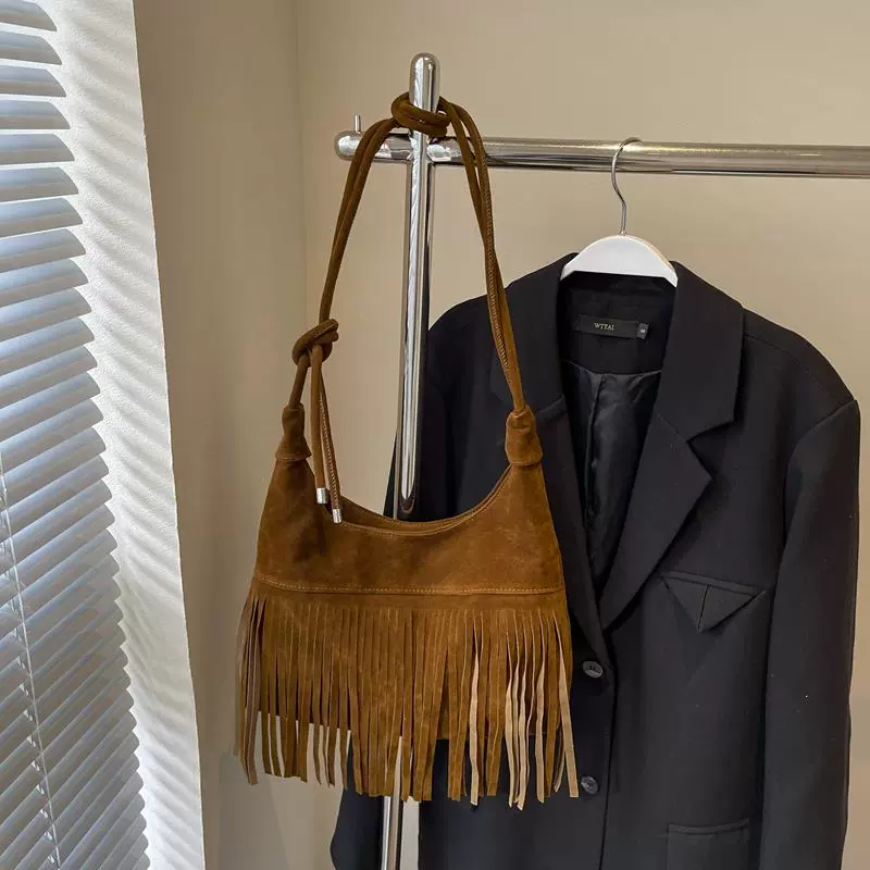 Brown Matte Tassel Crossbody Bag: versatile handbag detail view