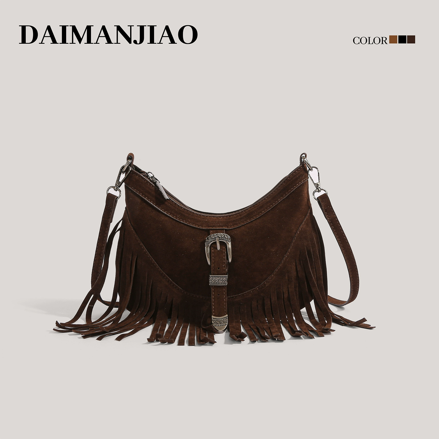 Brown Suede Tassel Women's Crossbody Bag: crossbody strap adjustment detail