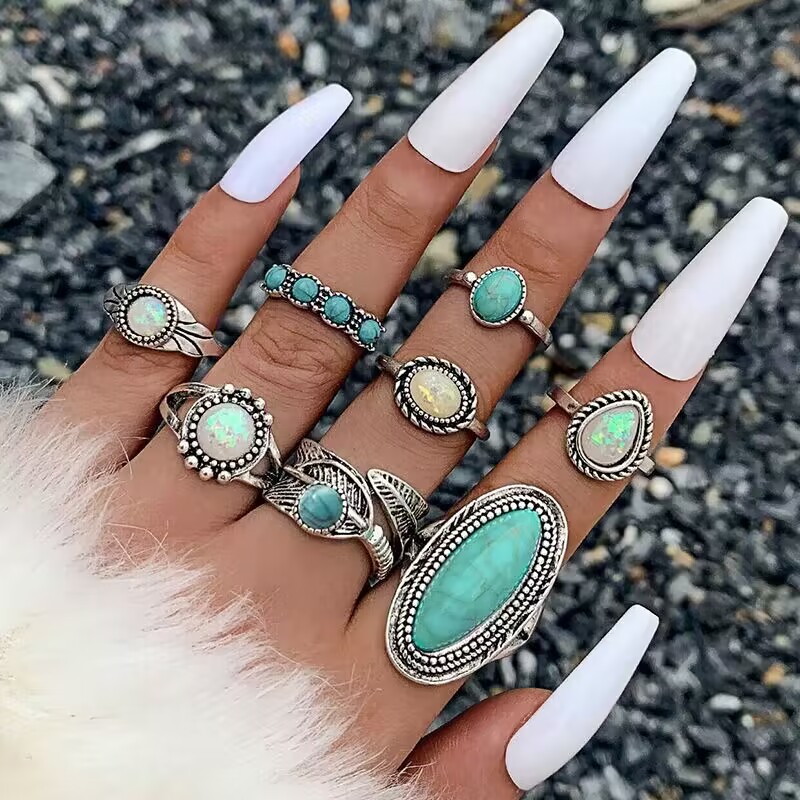 Turquoise Inlaid Carved Feather Ring Set: music festival scene