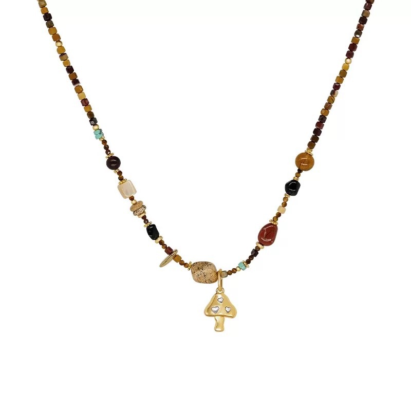LAZY Mushroom Natural Stone Necklace: Beaded Clavicle Chain Detail