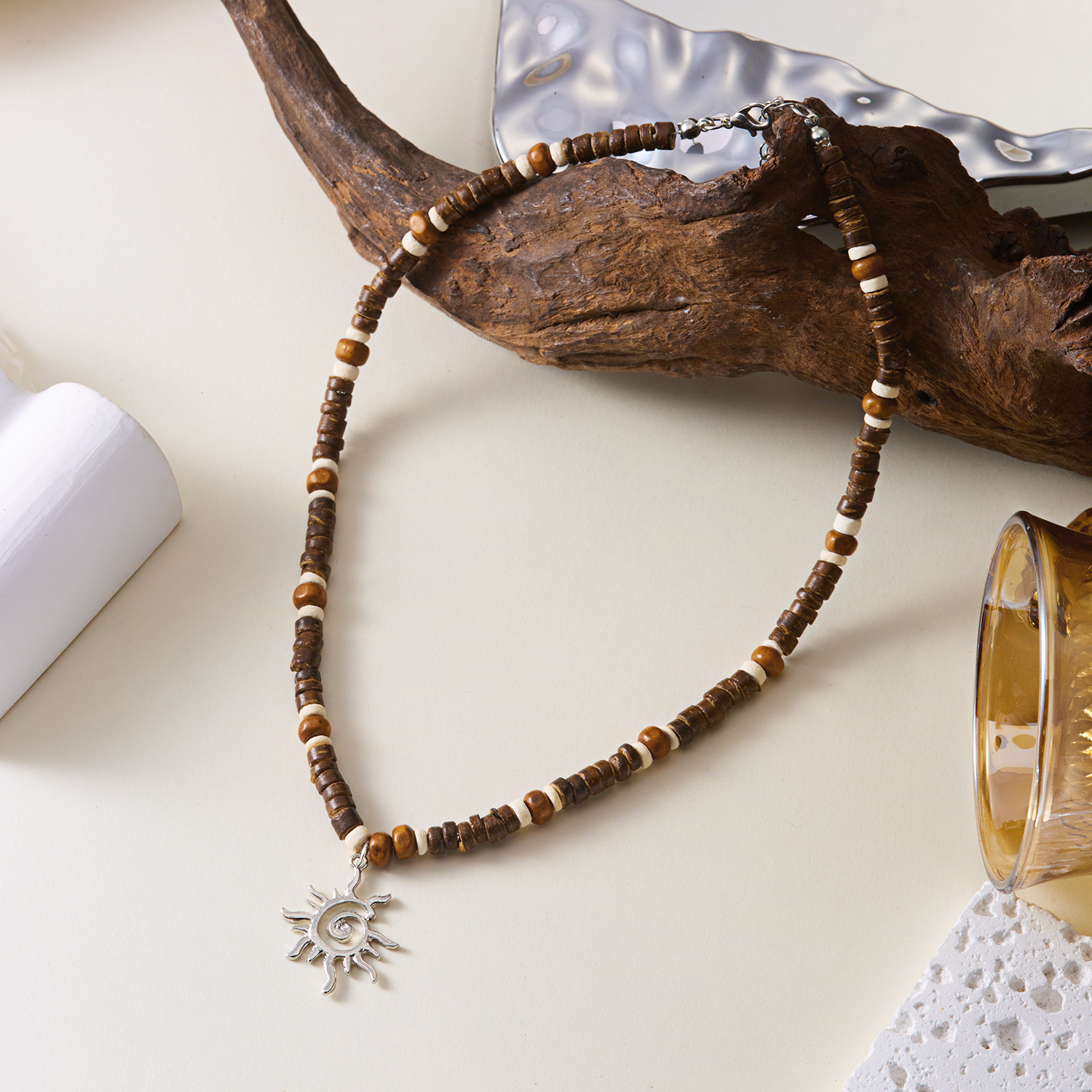 Men's Wooden Bead Bohemian Necklace: office scene