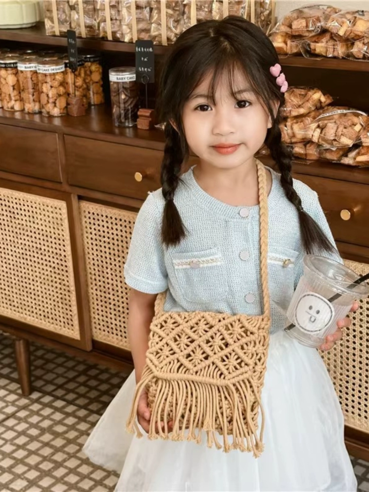 Kids' Straw Woven Beach Bag: boho gathering scene