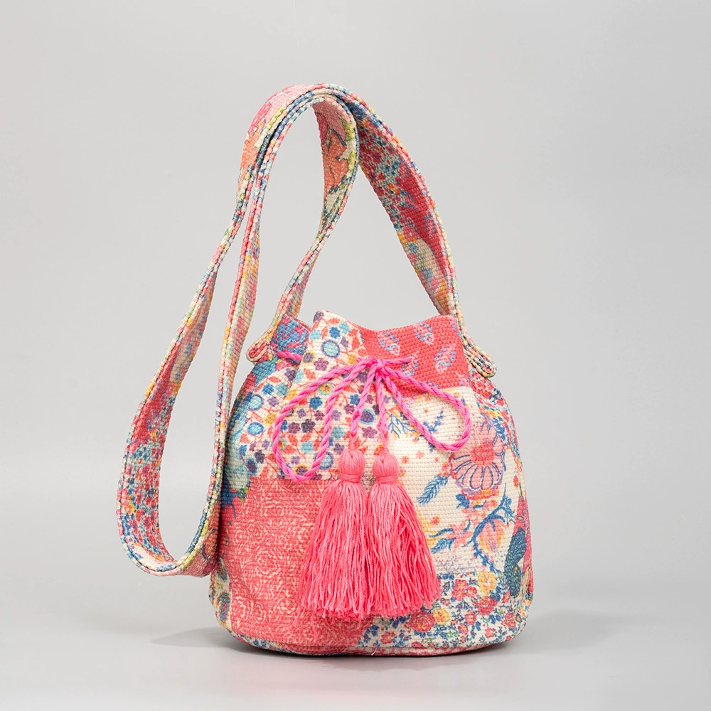 Colorful Woven Crossbody Bucket Bag at weekend market