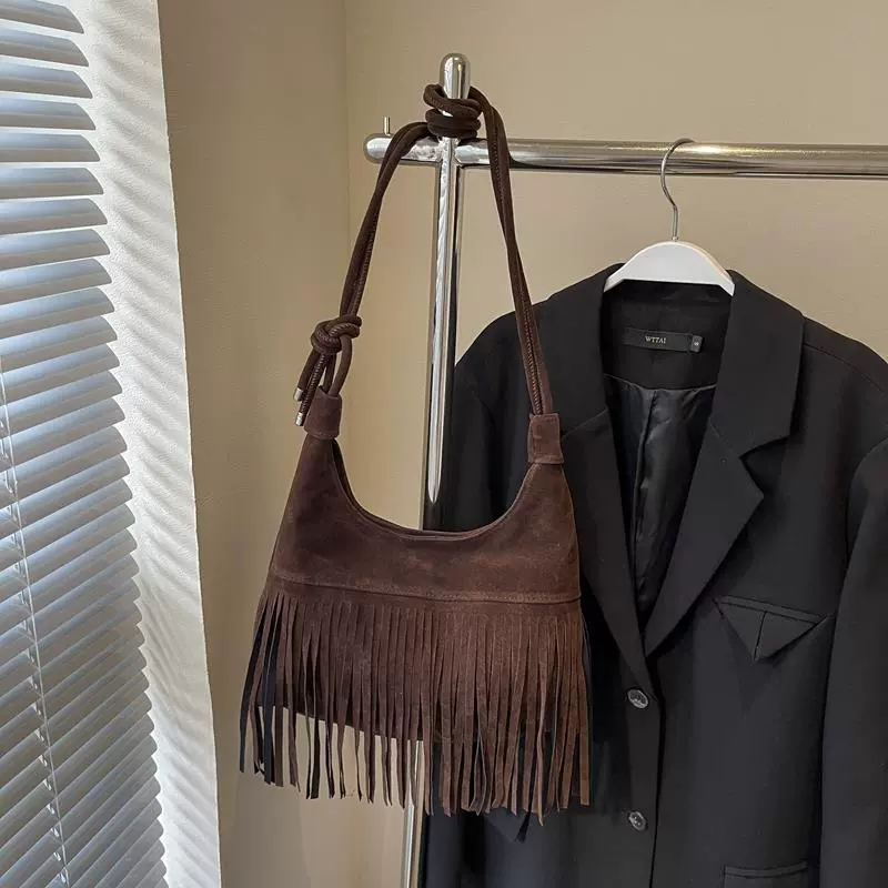 Brown Matte Tassel Crossbody Bag: bohemian crossbody detail view