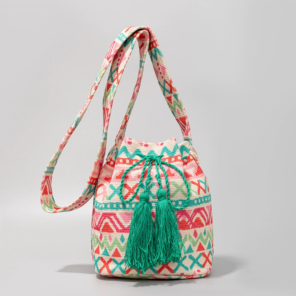 Colorful Woven Crossbody Bucket Bag: colorful woven detail close-up