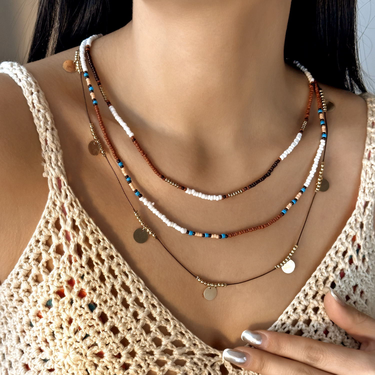 Bohemian 3-Piece Beaded Necklace: layered detail close-up