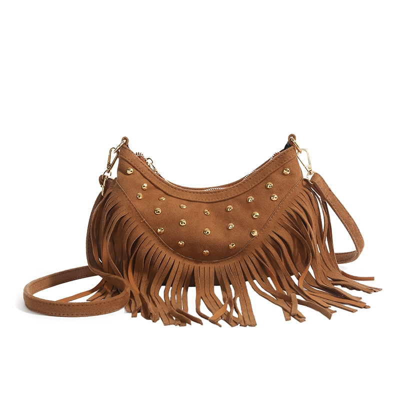 Suede Maillard Saddle Bag: Bohemian suede detail close-up